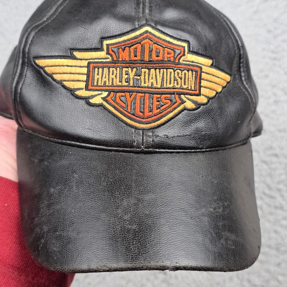 Harley-Davidson Baseball Cap Boys 8/18 Black Faux Leather Ride The Wind Y2K VTG